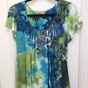 One World SS flowy peasant top blue and green sz M